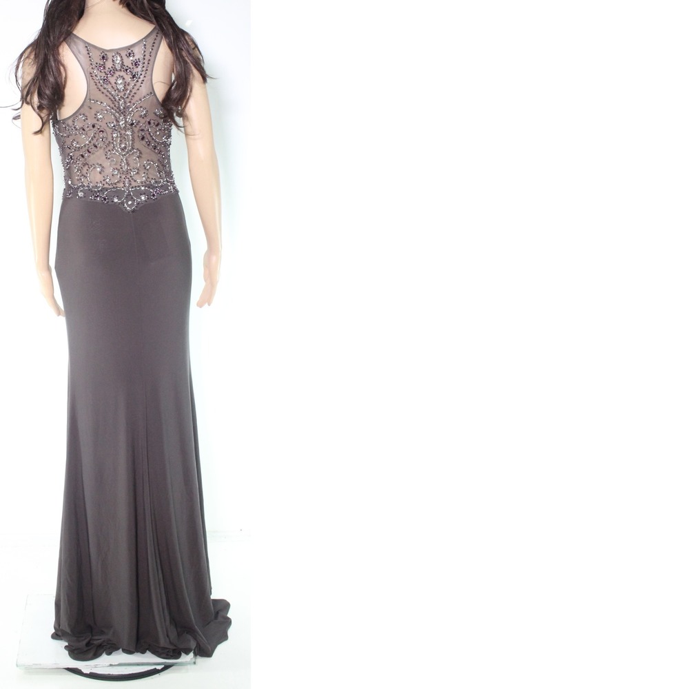 Betsy & Adam Women's Gown Gray Size 4 Long V-Neck Embellished - Picture 2 of 4